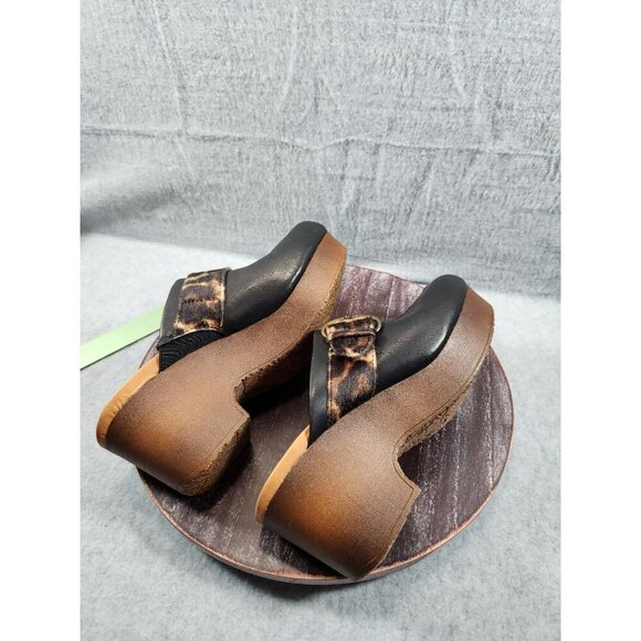 Baretraps Belita Black Leather Clogs With Leopard Print Strap & Buckle 8.5 - Picture 9 of 11